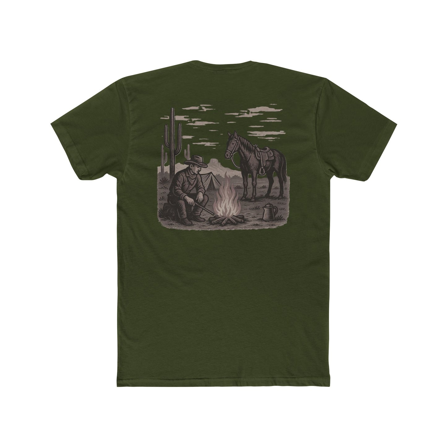Military Green t-shirt with graphic of cowboy and horse sitting at a campfire in a desert landscape #militarygreen