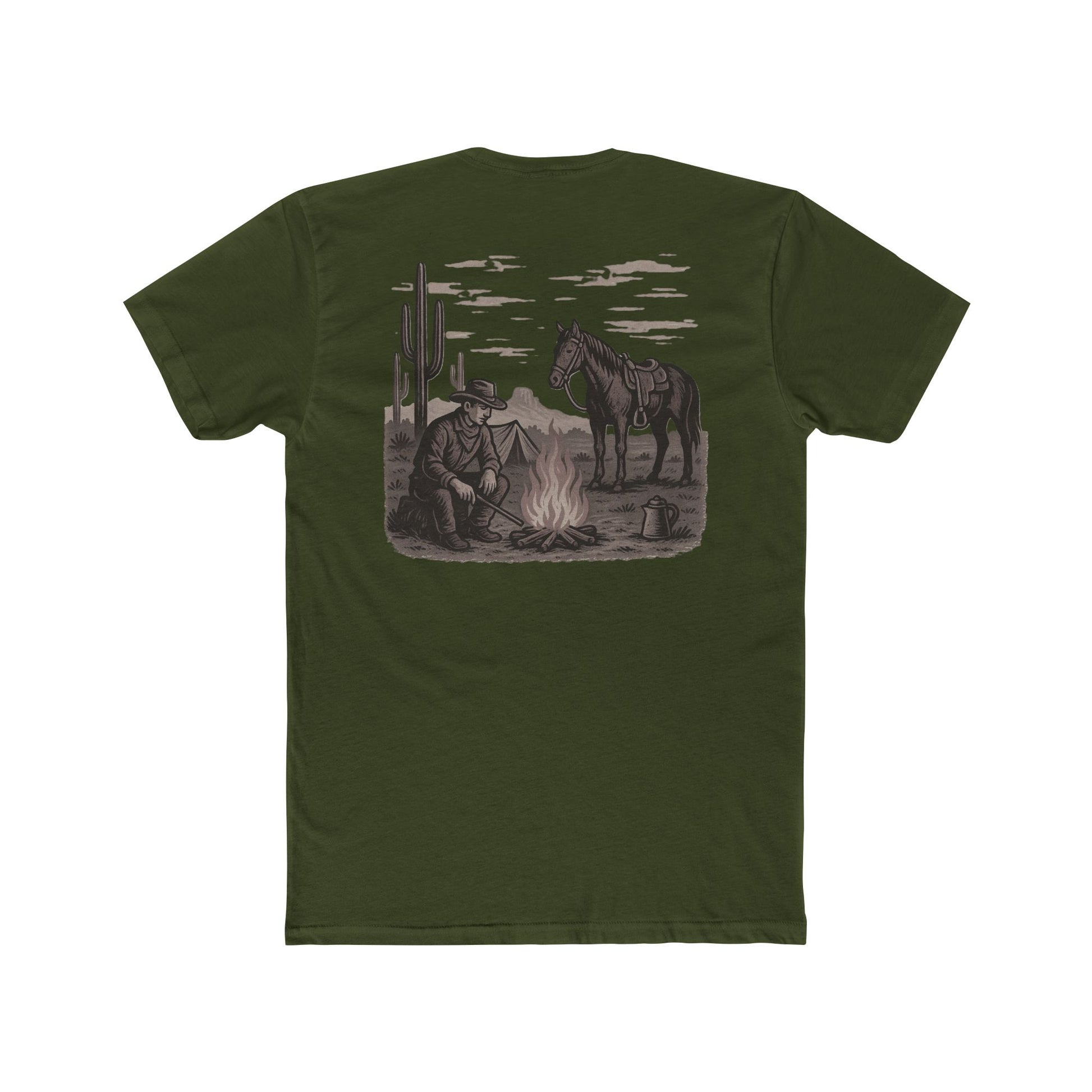Military Green t-shirt with graphic of cowboy and horse sitting at a campfire in a desert landscape #militarygreen