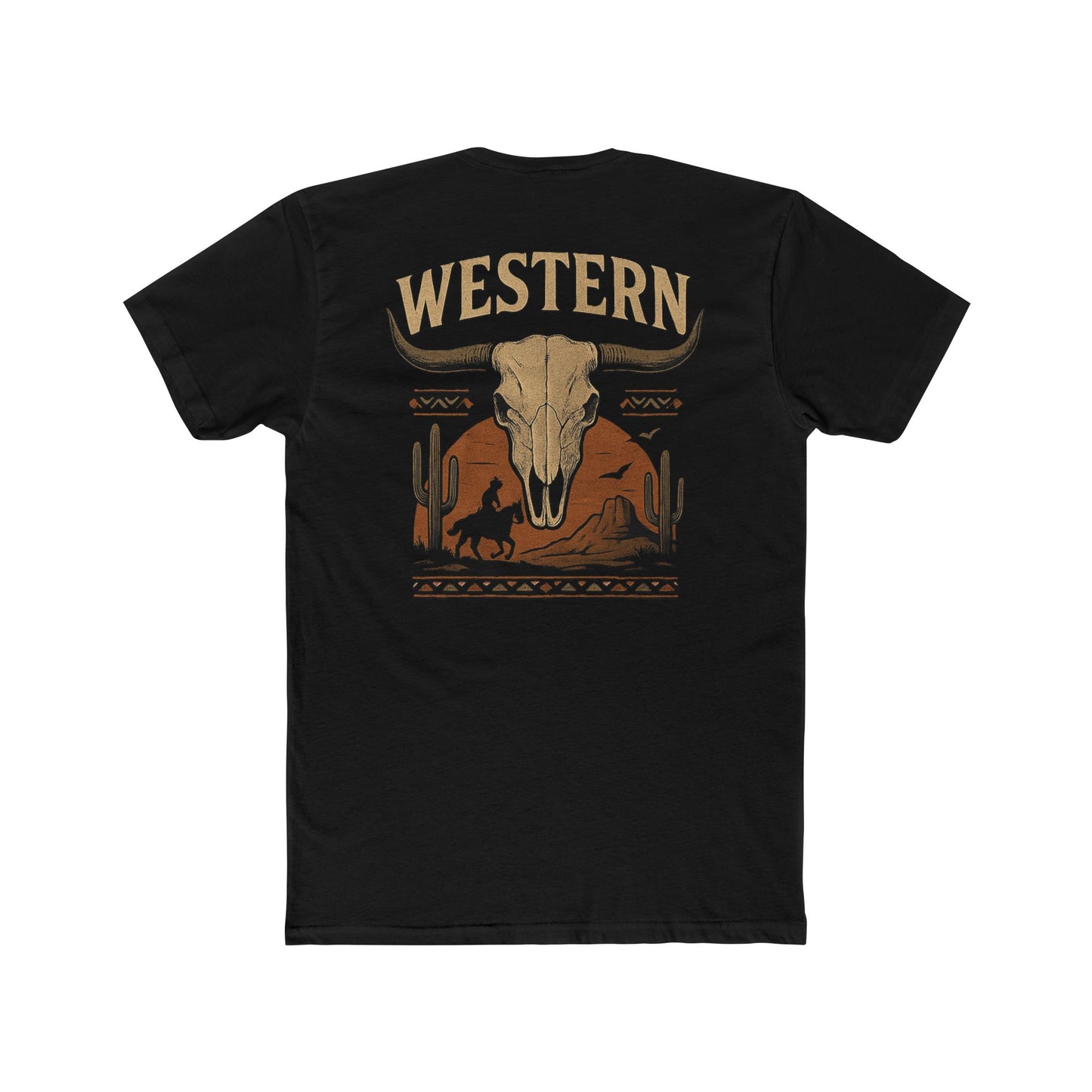 Black t-shirt with longhorn skull, aztec print, desert landscape, cacti, and cowboy silhouette with word Western across the top #black