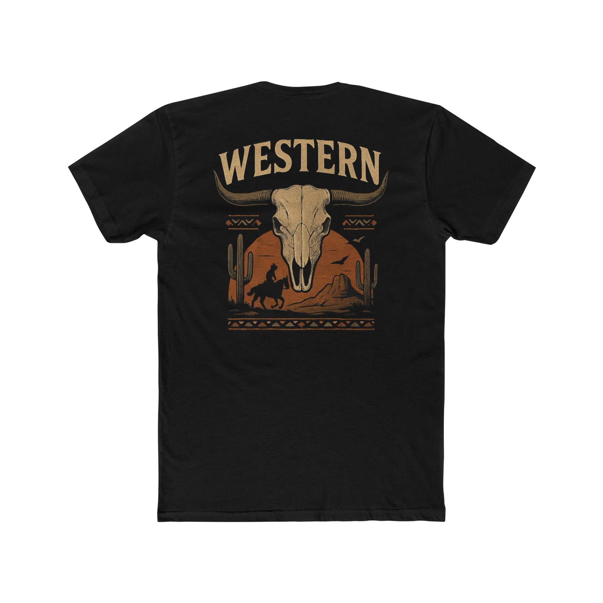 Black t-shirt with longhorn skull, aztec print, desert landscape, cacti, and cowboy silhouette with word Western across the top #black
