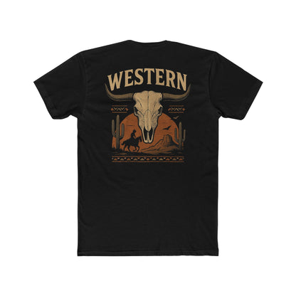Black t-shirt with longhorn skull, aztec print, desert landscape, cacti, and cowboy silhouette with word Western across the top #black