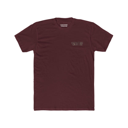 Maroon T-Shirt with graphic of desert landscape, eagle, bull skull, cacti, scorpion, sun, and words hold the range #maroon