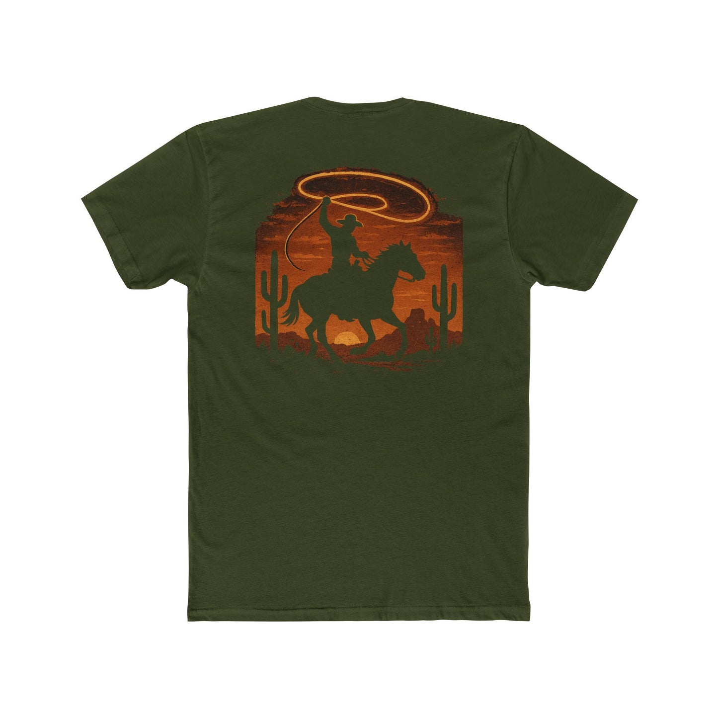 Military Green t-shirt with graphic of a cowboy twirling his lasso on a desert landscape at sundown #militarygreen