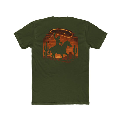 Military Green t-shirt with graphic of a cowboy twirling his lasso on a desert landscape at sundown #militarygreen