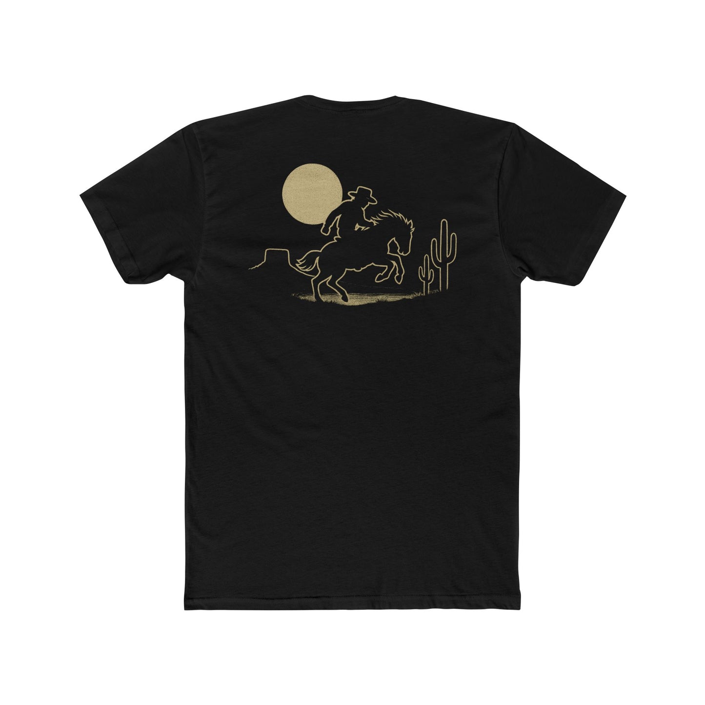 Black t-shirt featuring mountains, cactus, horse and rider, and a full moon. #black