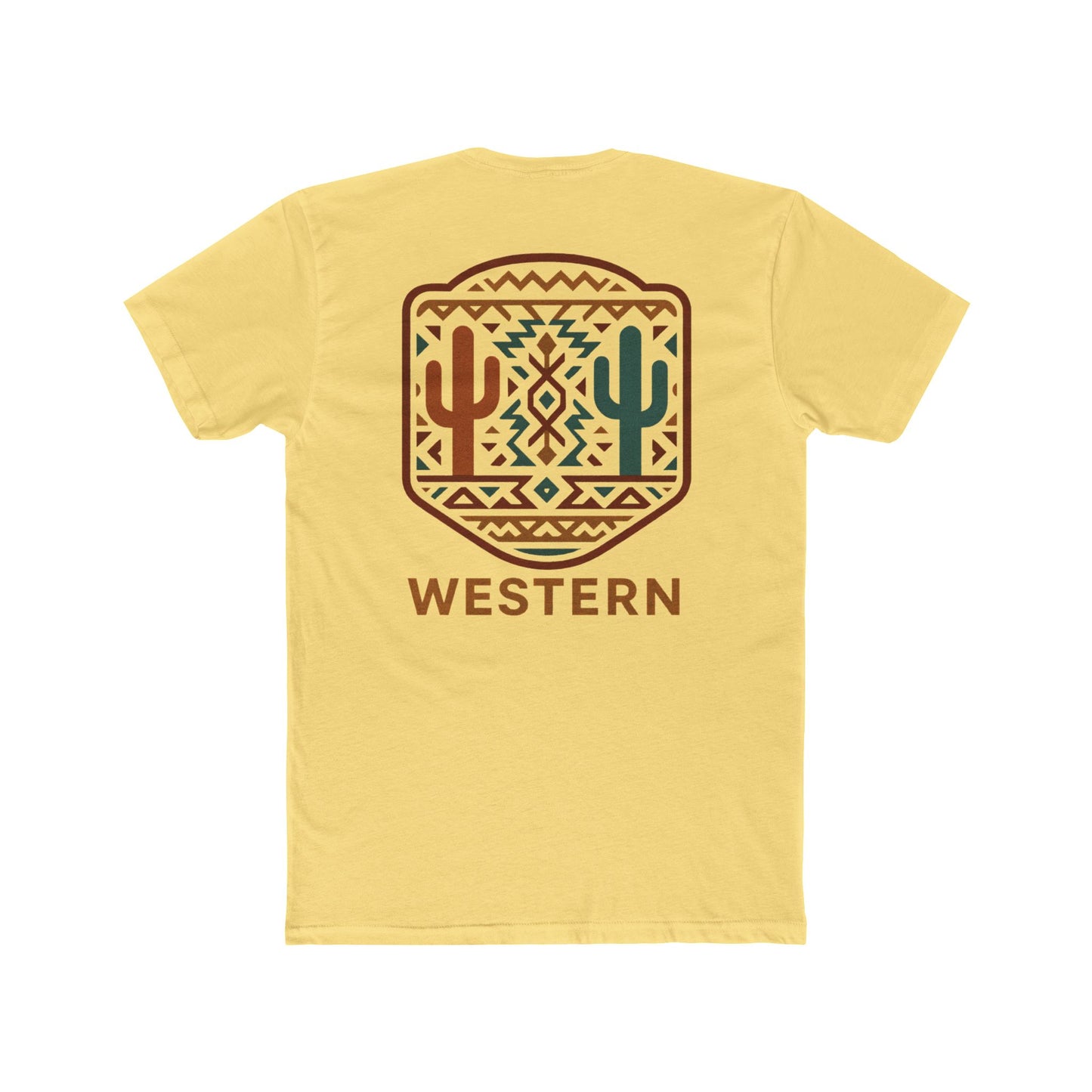 Yellow t-shirt with graphic of mirrored cacti surrounded by aztec pattern and enclosed in a geometric border with word western below #yellow