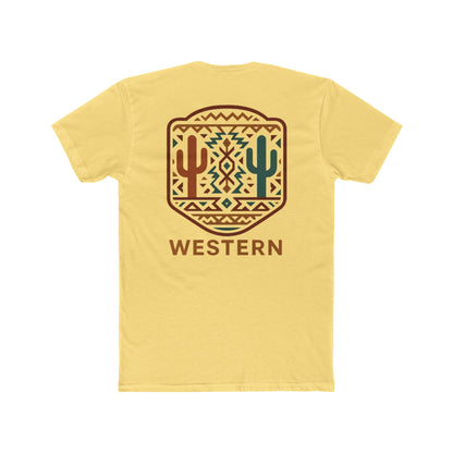 Yellow t-shirt with graphic of mirrored cacti surrounded by aztec pattern and enclosed in a geometric border with word western below #yellow