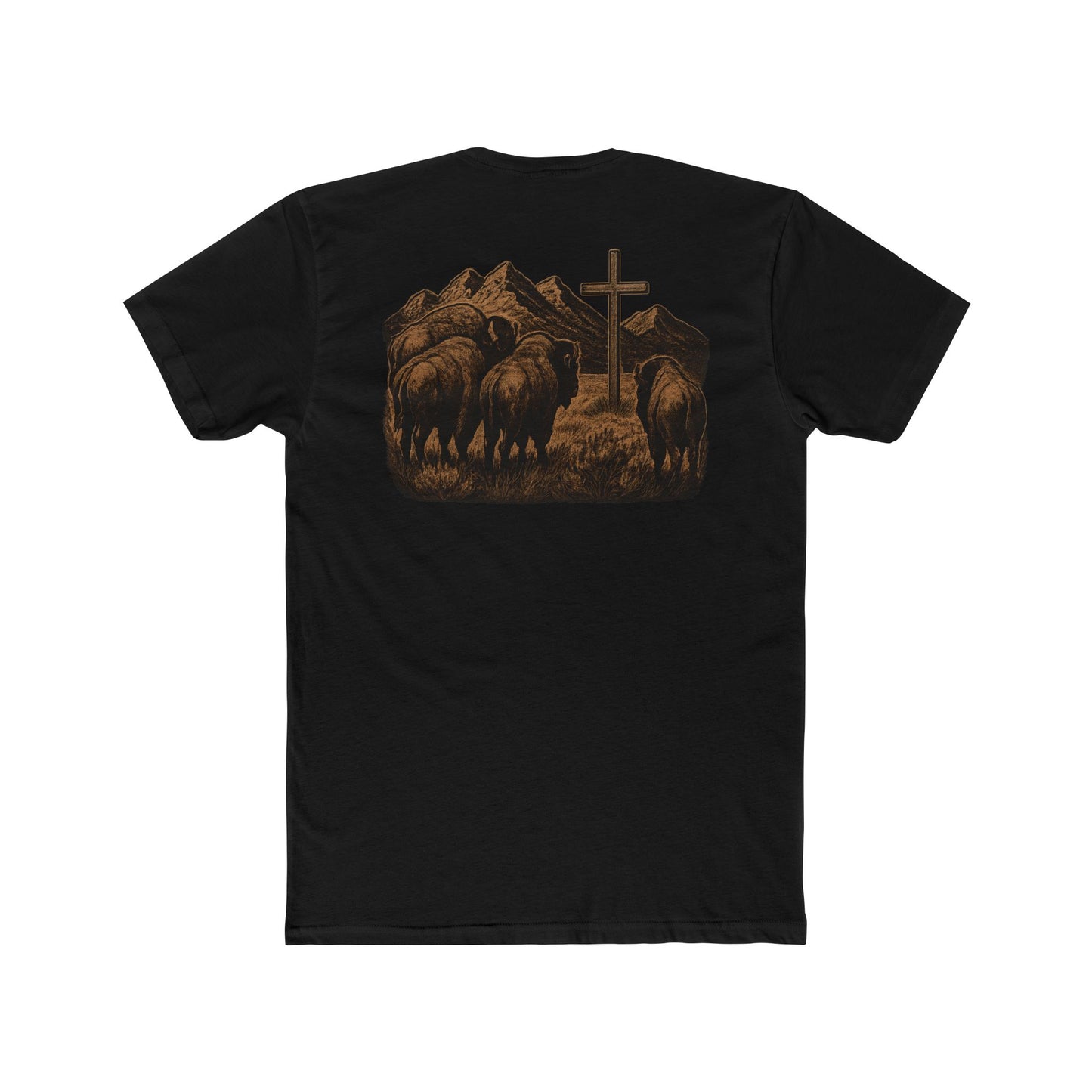 Black t-shirt with bison staring at a cross on the plains by the mountains #black