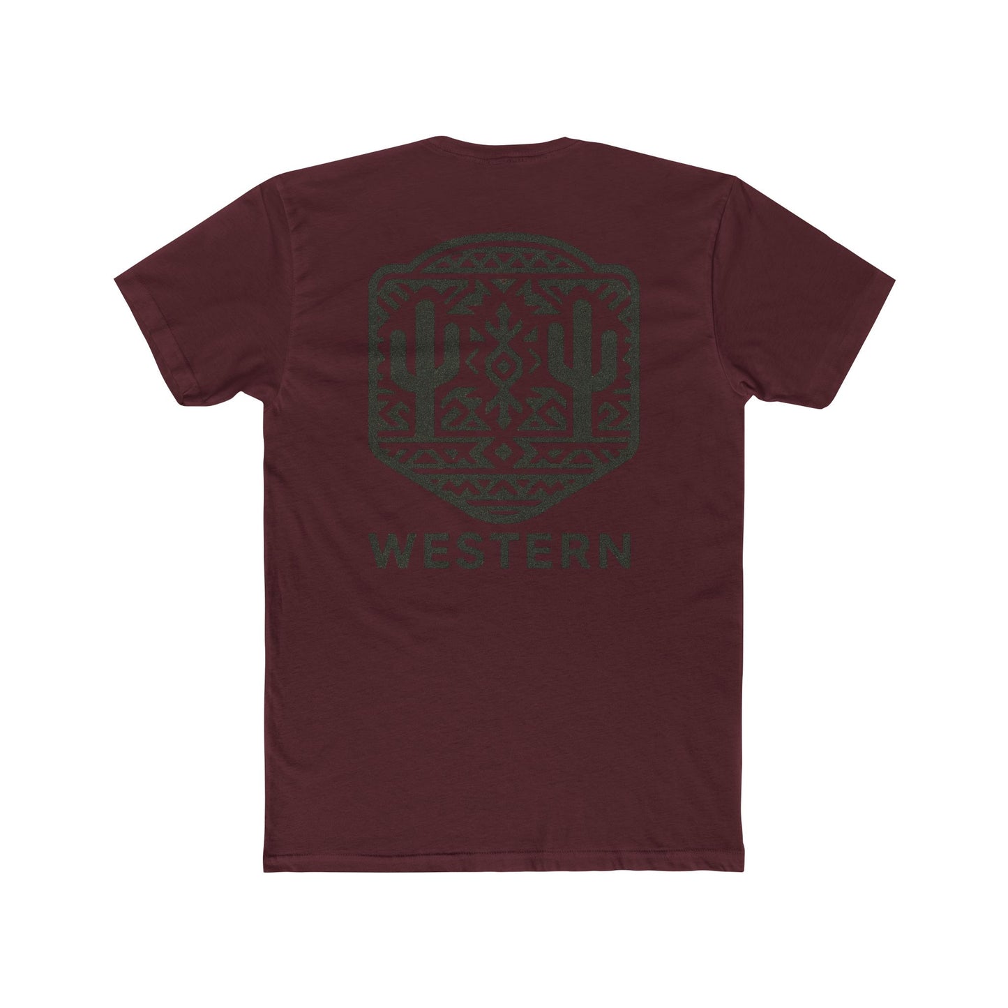 Maroon t-shirt with graphic of mirrored cacti surrounded by aztec pattern and enclosed in a geometric border with word western below #maroon