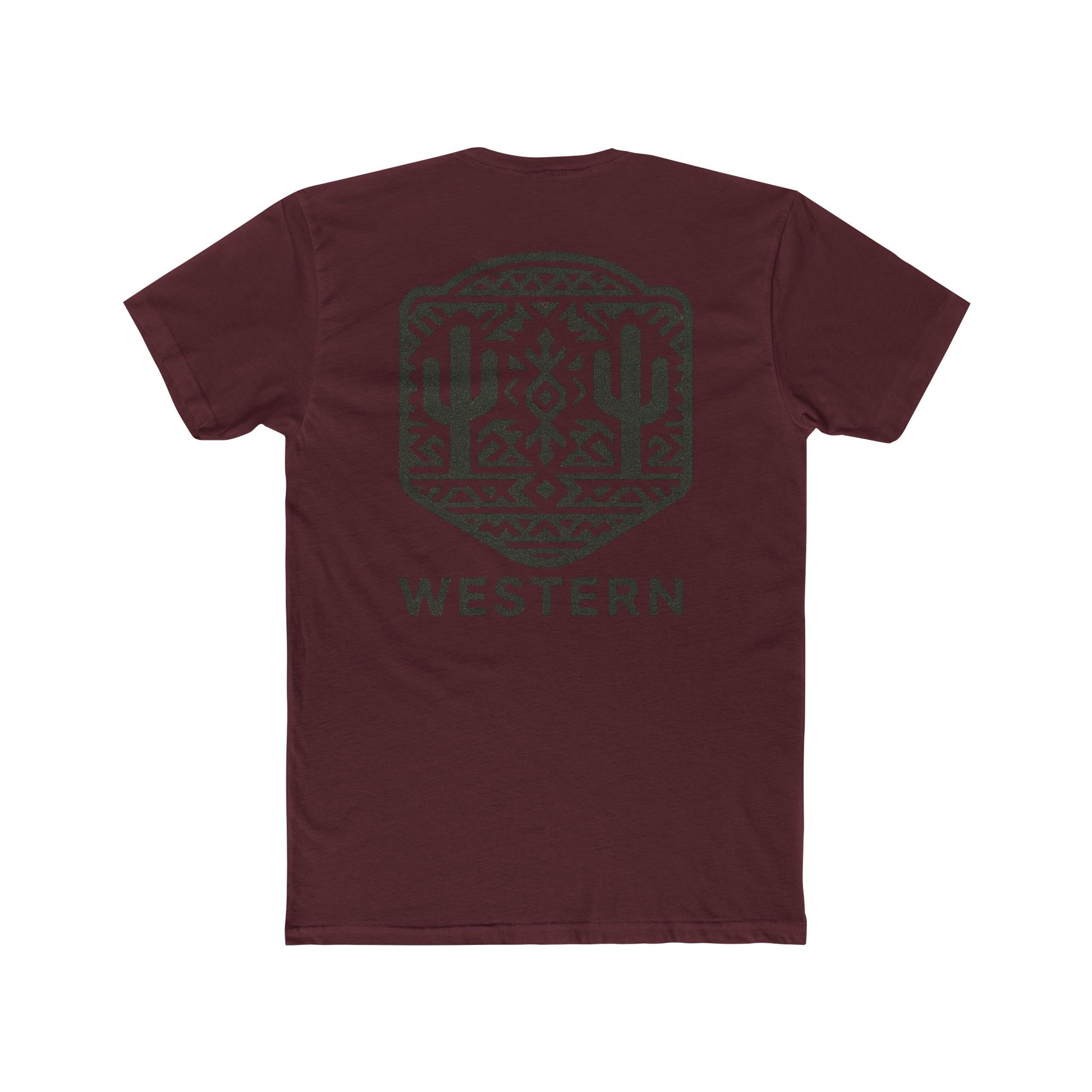 Maroon t-shirt with graphic of mirrored cacti surrounded by aztec pattern and enclosed in a geometric border with word western below #maroon