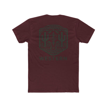 Maroon t-shirt with graphic of mirrored cacti surrounded by aztec pattern and enclosed in a geometric border with word western below #maroon