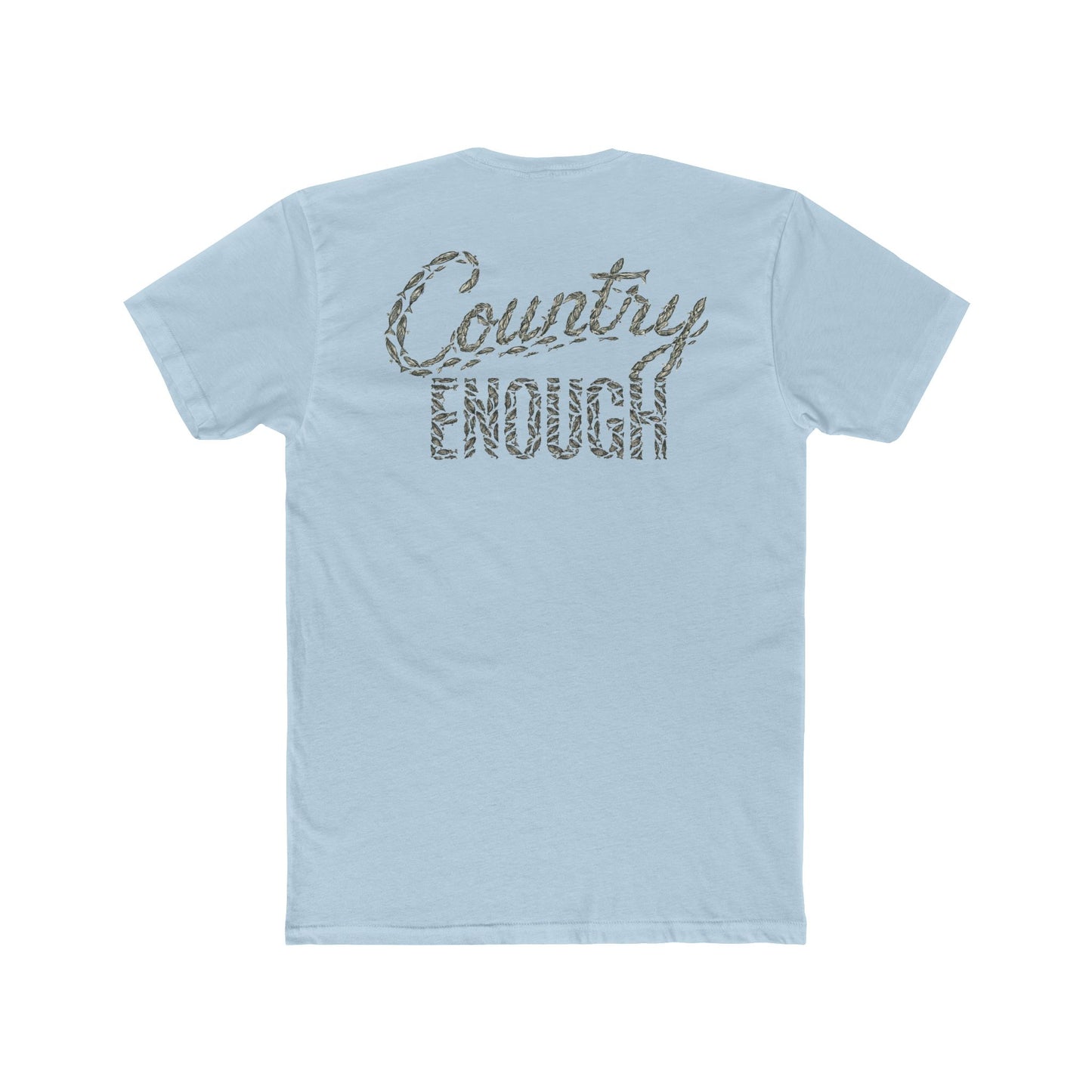 Light Blue t-shirt with graphic of the words country enough shaped with fish #lightblue