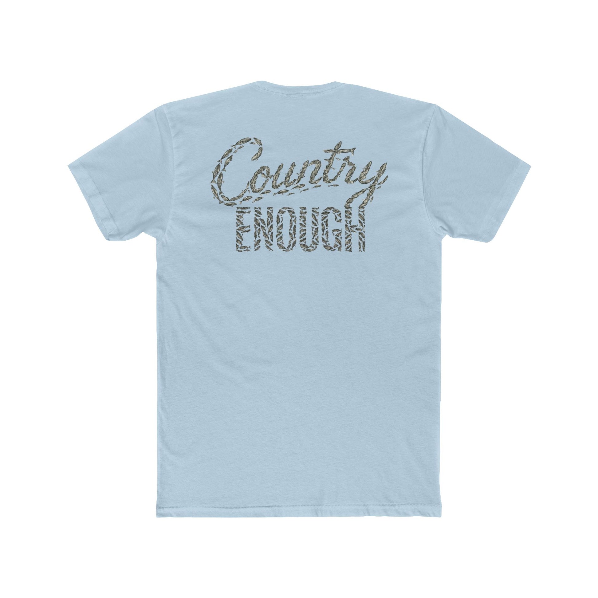 Light Blue t-shirt with graphic of the words country enough shaped with fish #lightblue