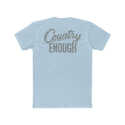 Light Blue t-shirt with graphic of the words country enough shaped with fish #lightblue