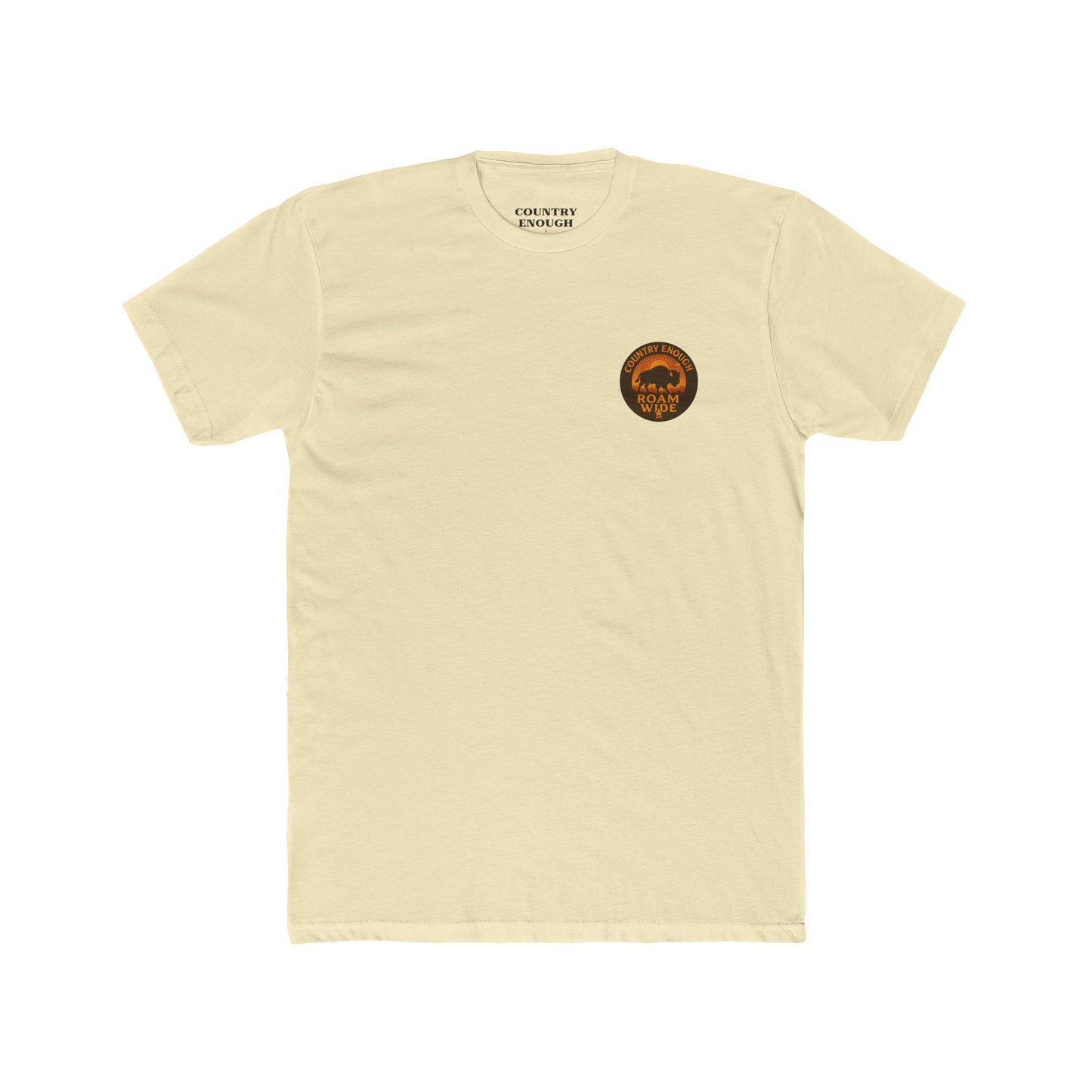 Natural t-shirt with circular graphic with a bison, mountains, campfire, sun shining, and the words roam wide #natural