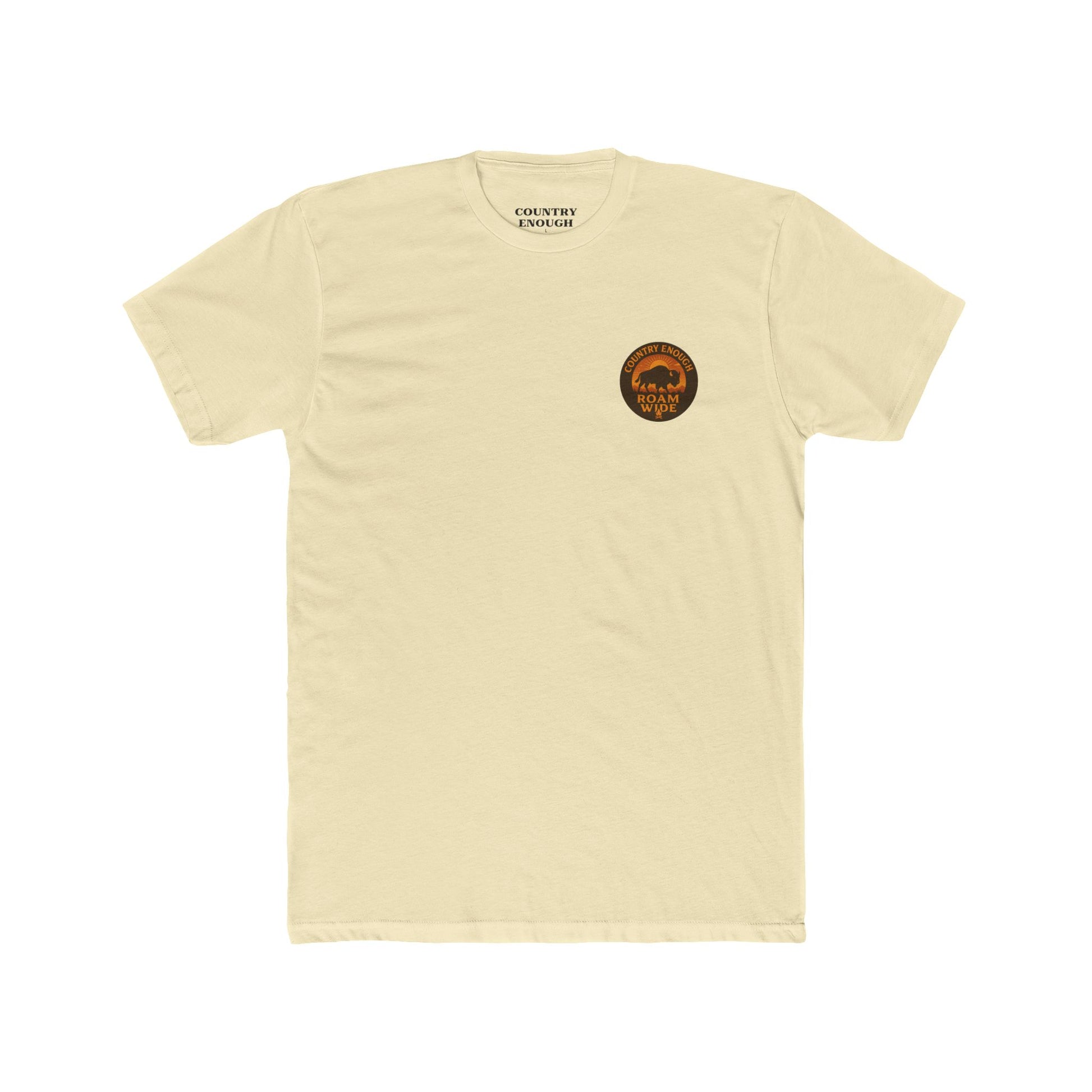 Natural t-shirt with circular graphic with a bison, mountains, campfire, sun shining, and the words roam wide #natural