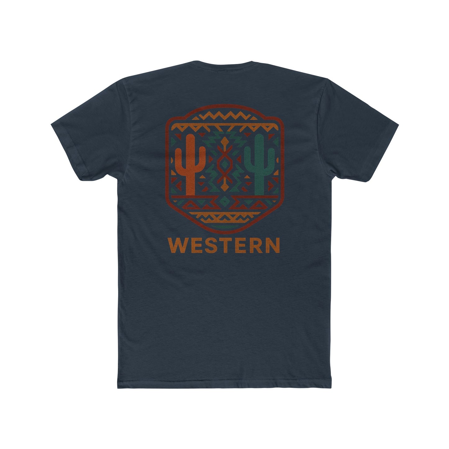 Indigo t-shirt with graphic of mirrored cacti surrounded by aztec pattern and enclosed in a geometric border with word western below #indigo