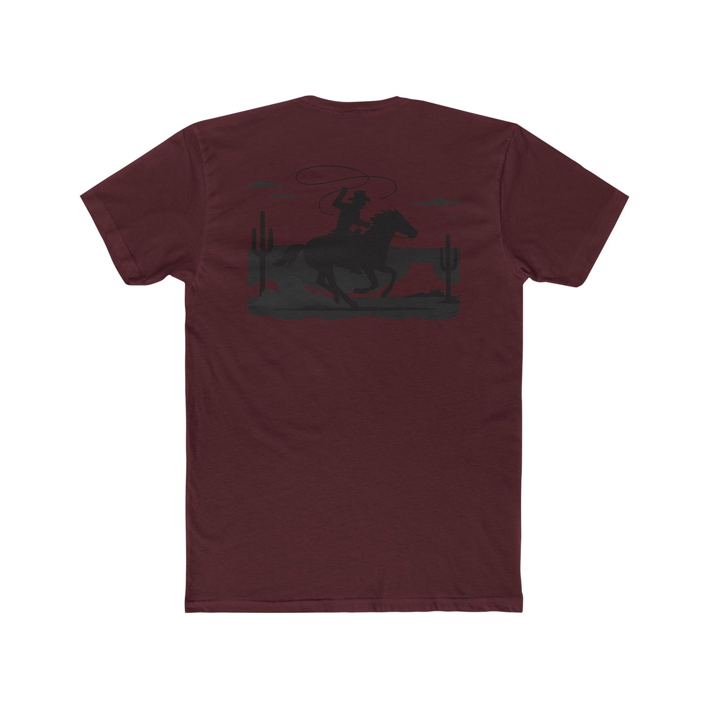 Maroon t-shirt with horse and rider swirling a lasso on desert landscape graphic #maroon