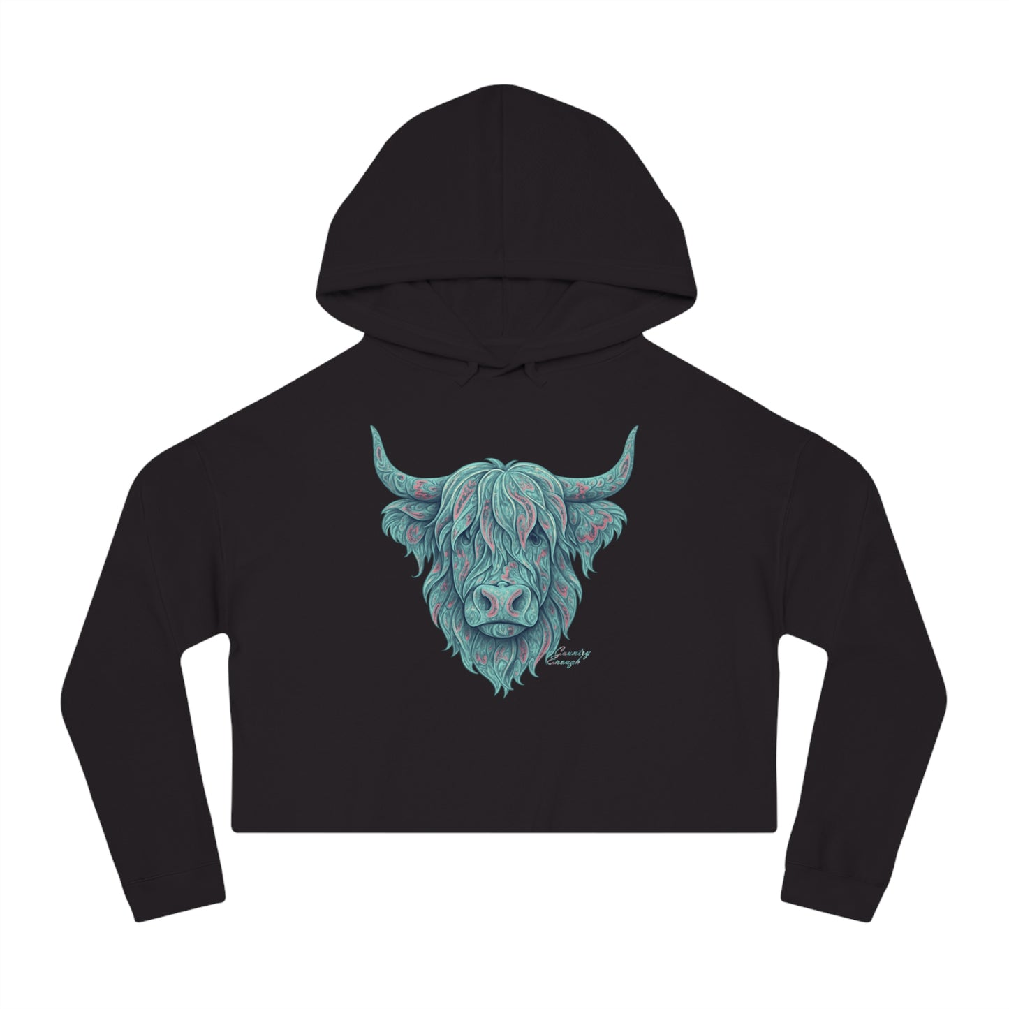 Black crop hoodie with a vibrant Paisley Highland Cow graphic #black