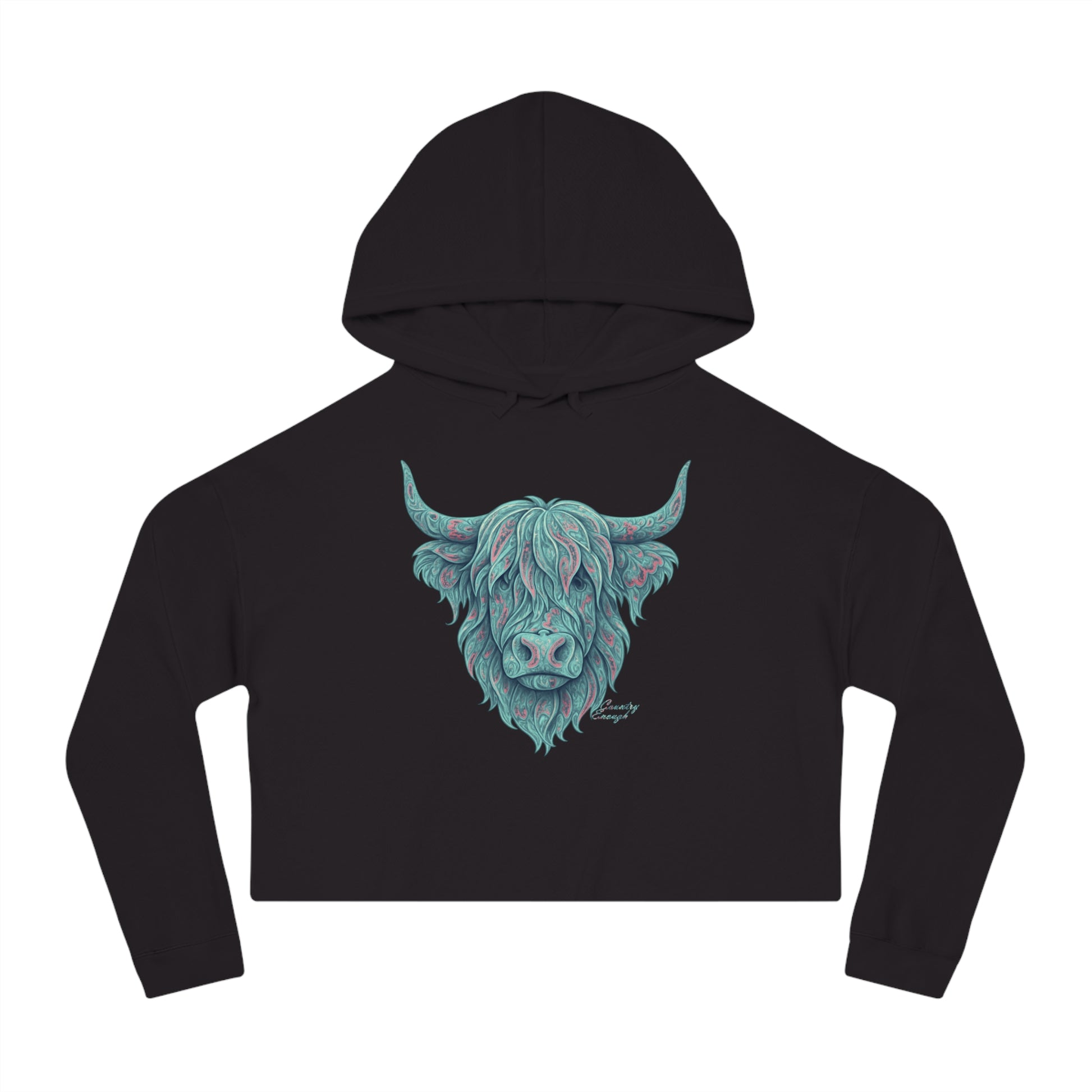 Black crop hoodie with a vibrant Paisley Highland Cow graphic #black