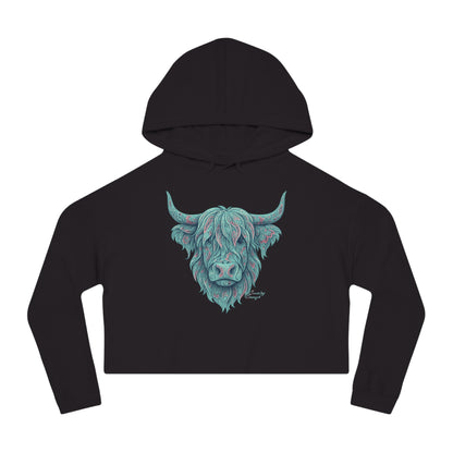 Black crop hoodie with a vibrant Paisley Highland Cow graphic #black