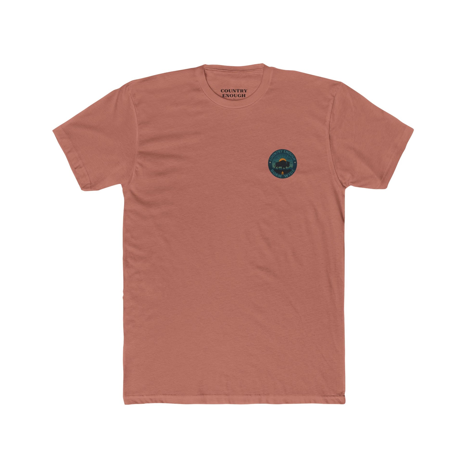 Desert Pink T-Shirt with graphic of bison, sun, mountains, and the words roam wide #desertpink