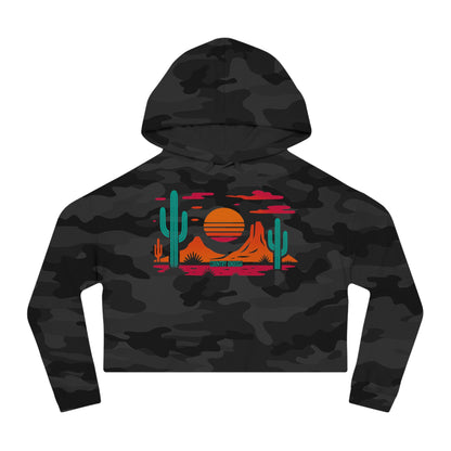 Black camo hoodie with a vibrant Southwestern landscape, cacti & mountains graphic #blackcamo