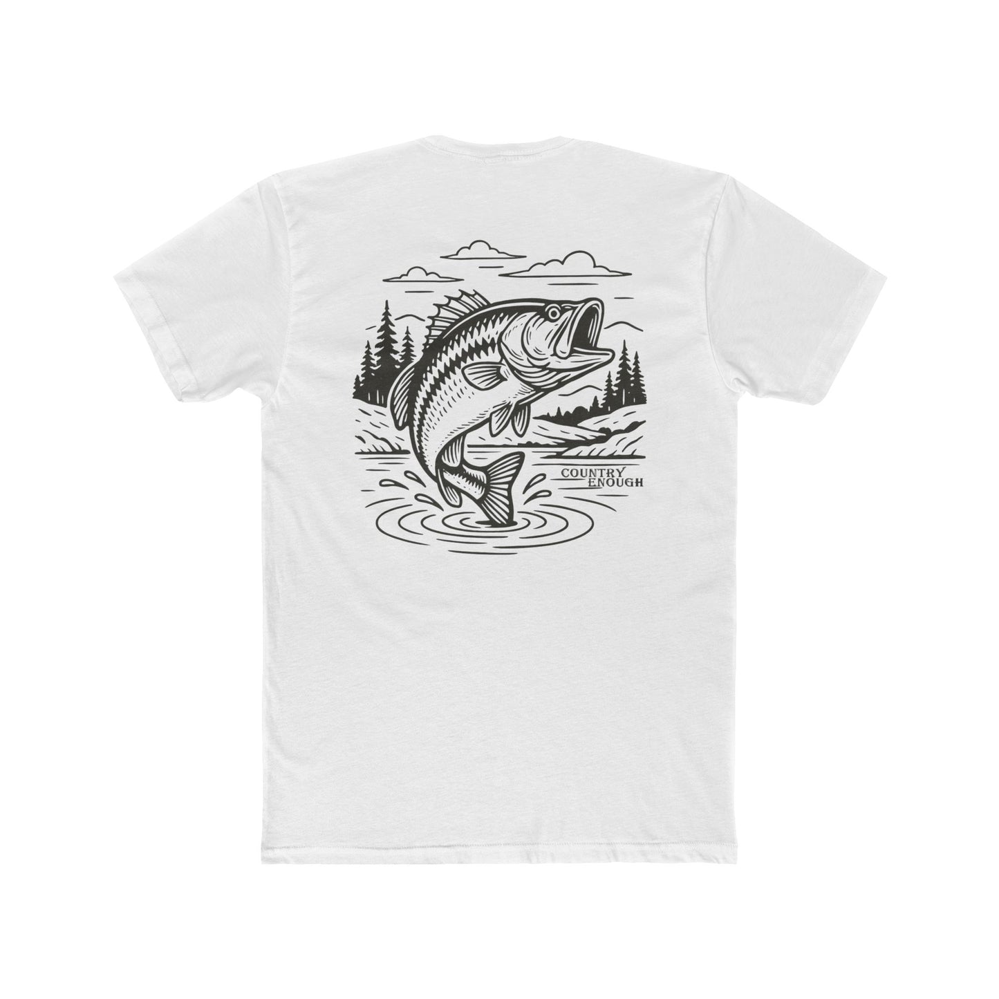 White t-shirt with graphic of a bass jumping out of mountainside water #white