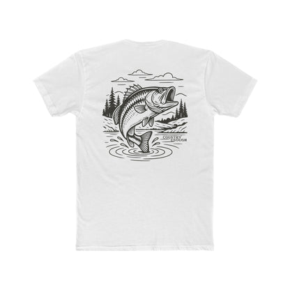 White t-shirt with graphic of a bass jumping out of mountainside water #white