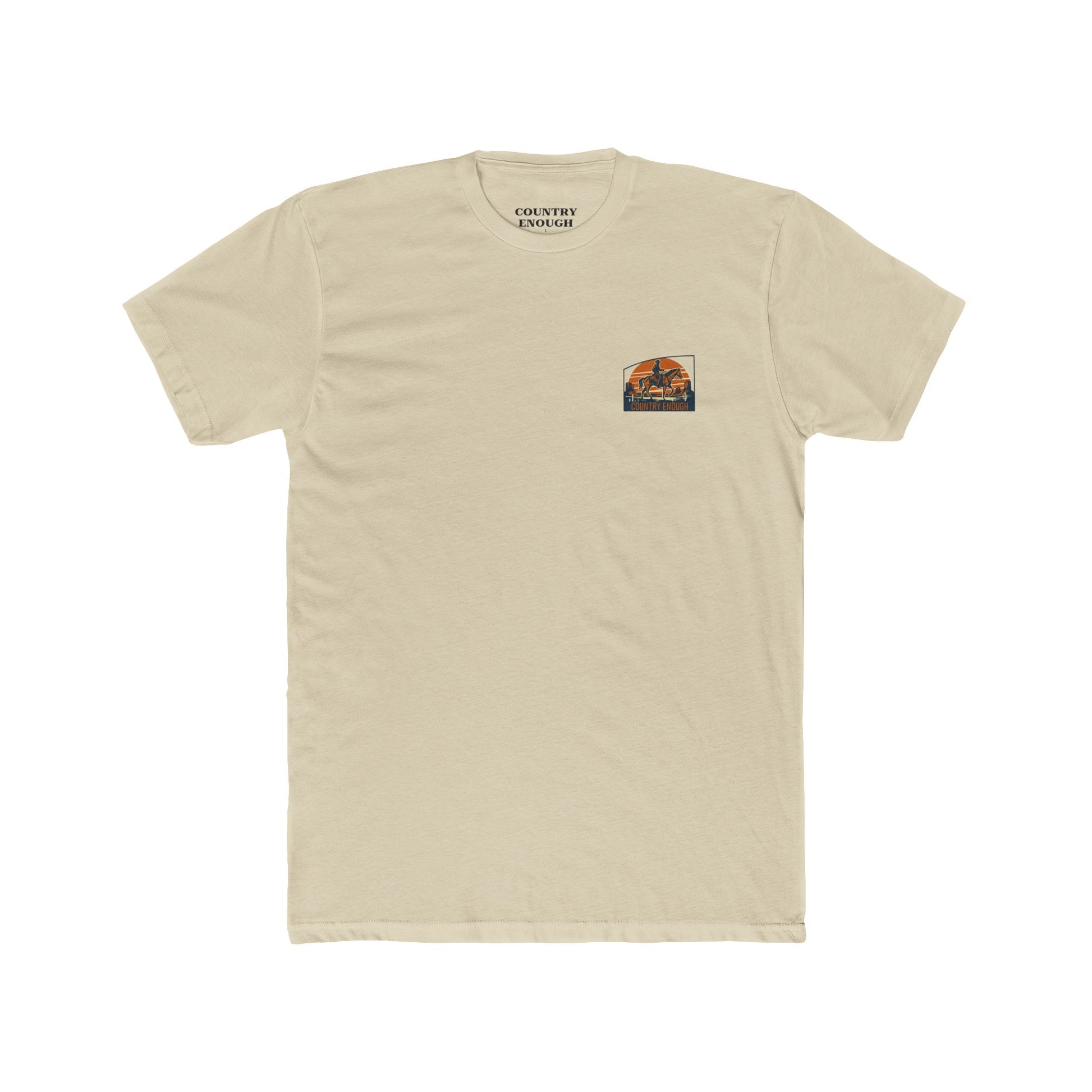 Cream t-shirt with graphic design containing horse and rider, desert, mountains, and cactus #cream