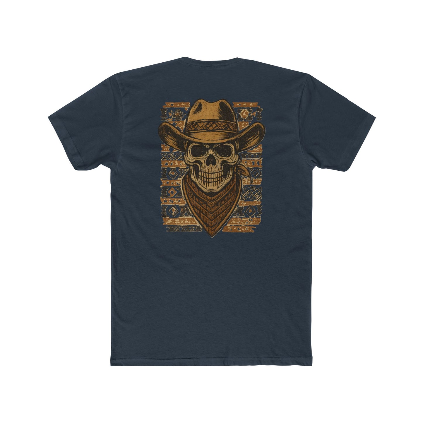 Indigo t-shirt with graphic of a skull with cowboy hat and bandana surround by aztec print #indigo