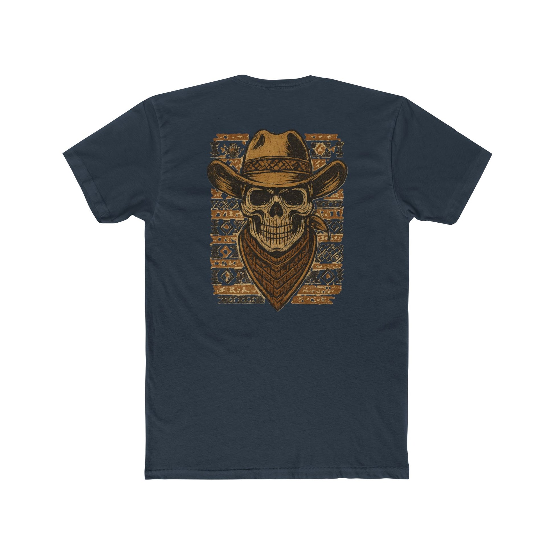 Indigo t-shirt with graphic of a skull with cowboy hat and bandana surround by aztec print #indigo