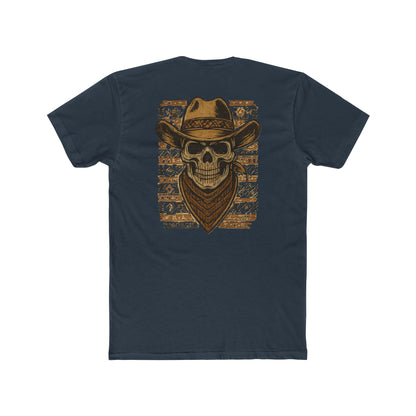 Indigo t-shirt with graphic of a skull with cowboy hat and bandana surround by aztec print #indigo