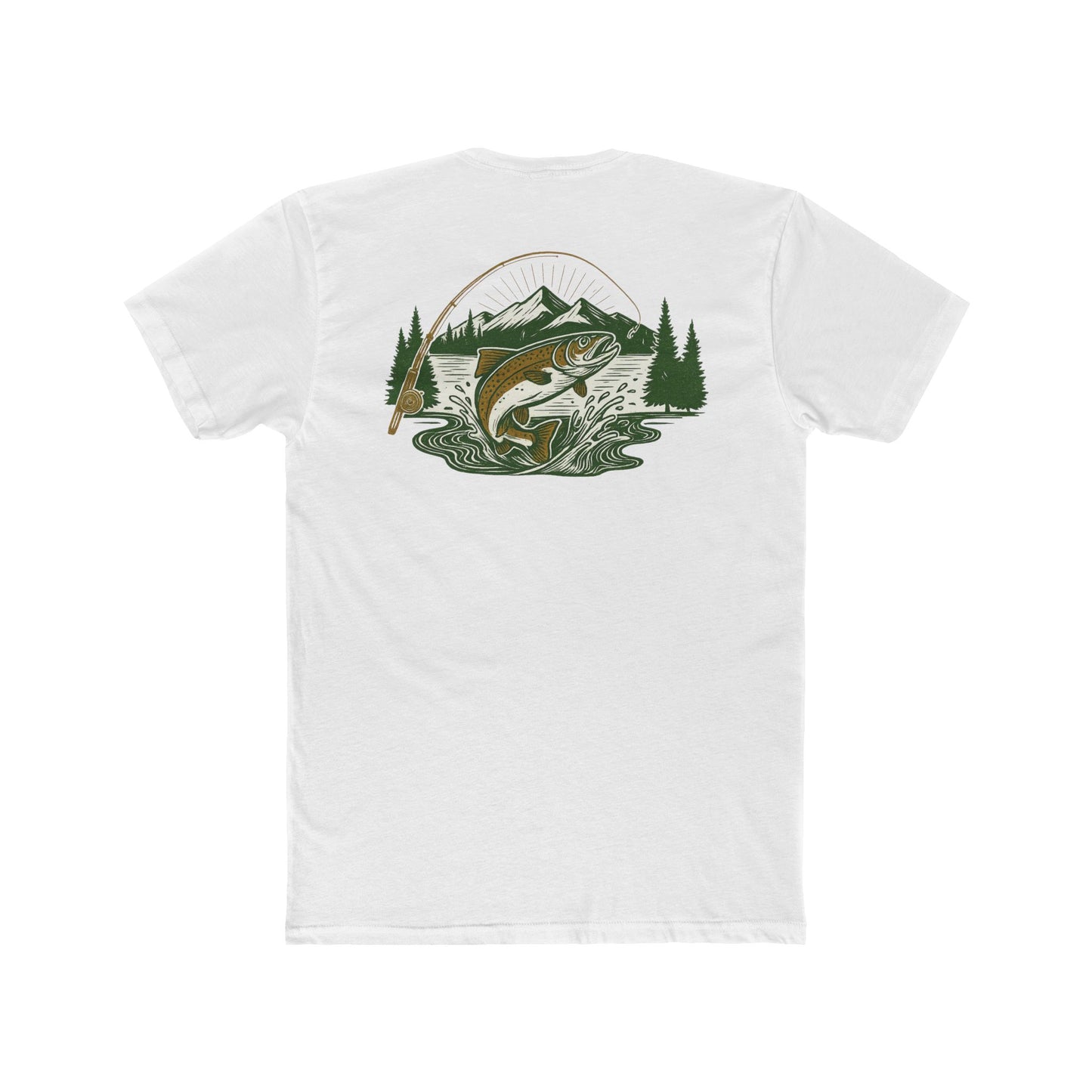 White t-shirt with a trout, mountains, trees and water graphic #white