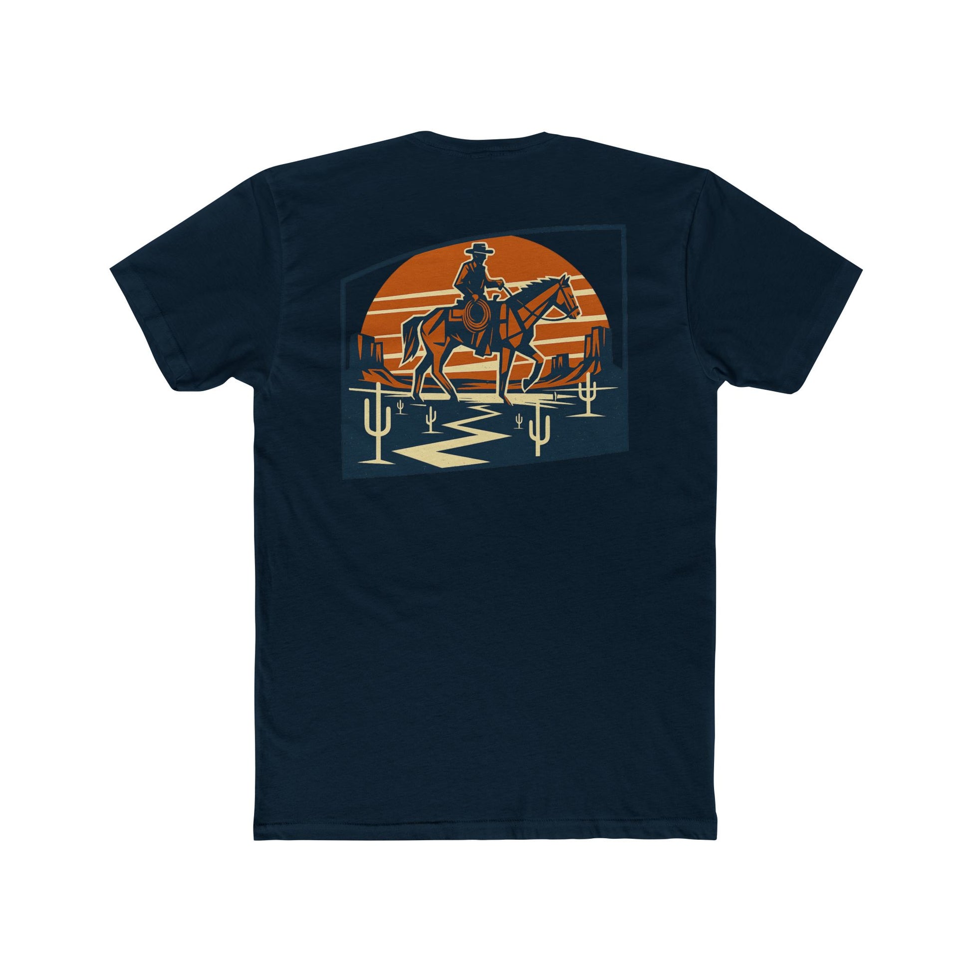 Midnight Navy t-shirt with graphic design containing horse and rider, desert, mountains, and cactus #midnightnavy
