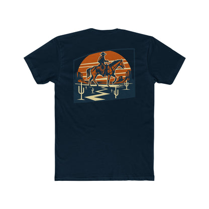 Midnight Navy t-shirt with graphic design containing horse and rider, desert, mountains, and cactus #midnightnavy