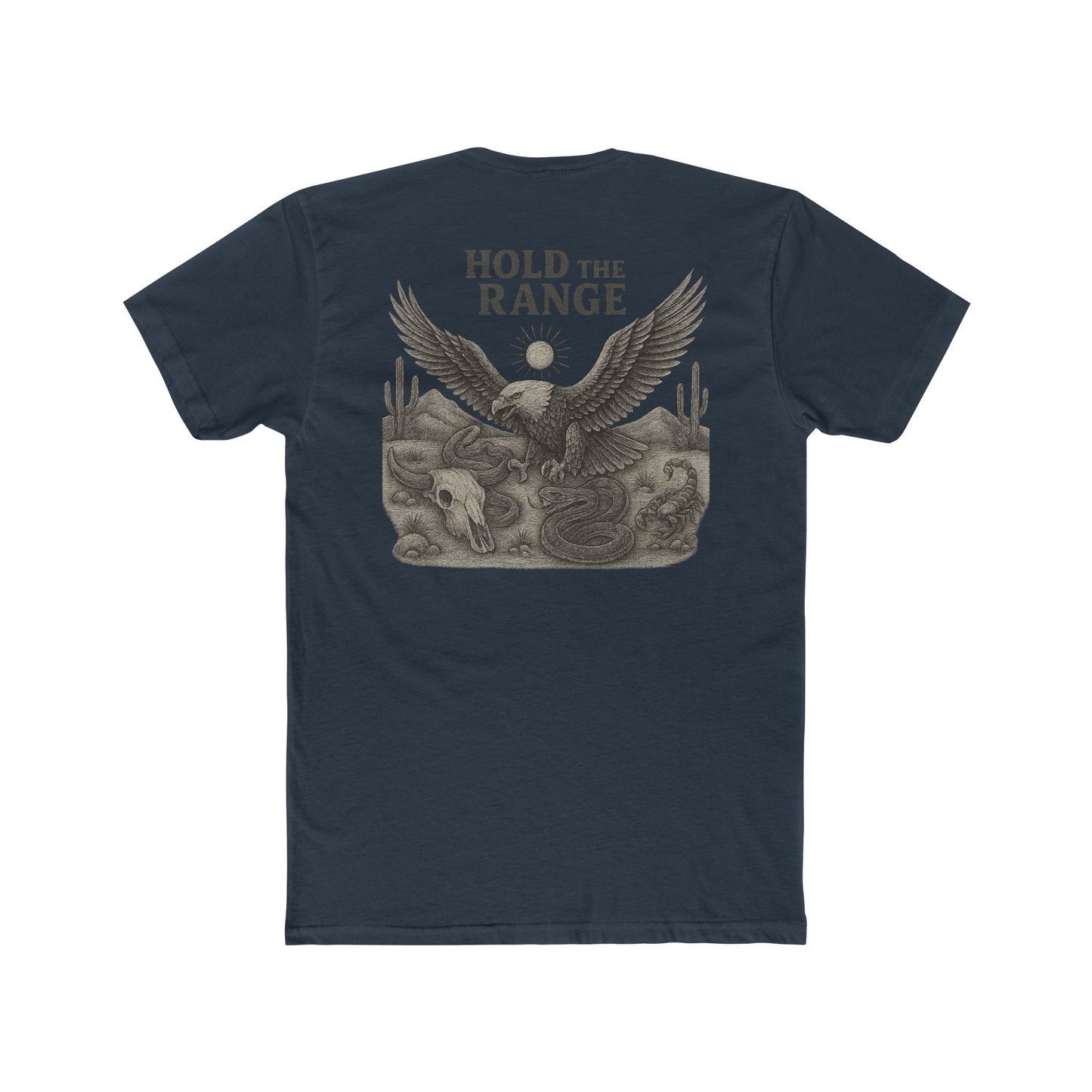Indigo T-Shirt with graphic of desert landscape, eagle, bull skull, cacti, scorpion, sun, and words hold the range #indigo