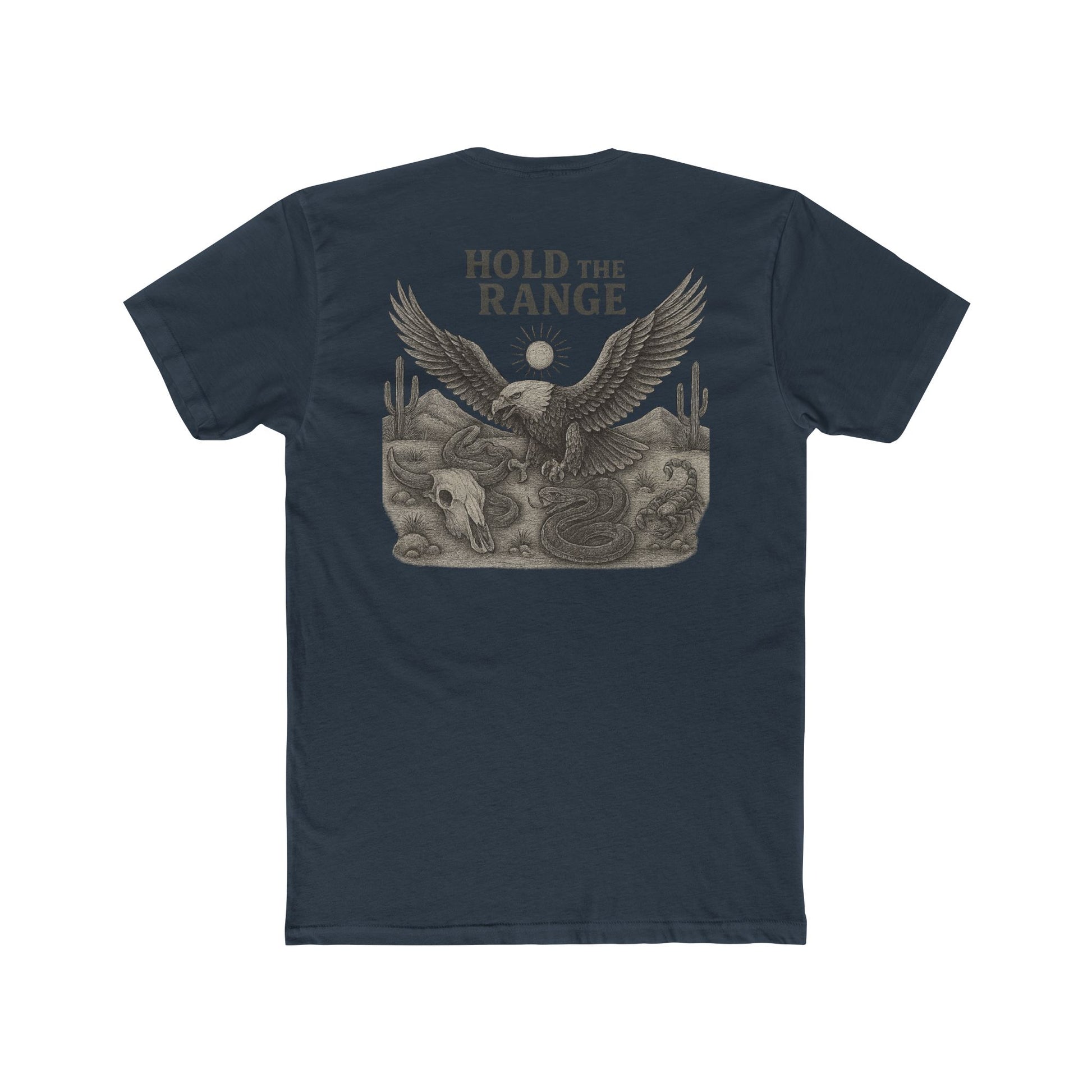 Indigo T-Shirt with graphic of desert landscape, eagle, bull skull, cacti, scorpion, sun, and words hold the range #indigo