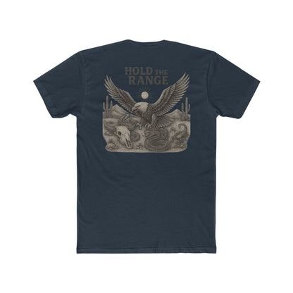 Indigo T-Shirt with graphic of desert landscape, eagle, bull skull, cacti, scorpion, sun, and words hold the range #indigo