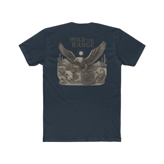 Indigo T-Shirt with graphic of desert landscape, eagle, bull skull, cacti, scorpion, sun, and words hold the range #indigo