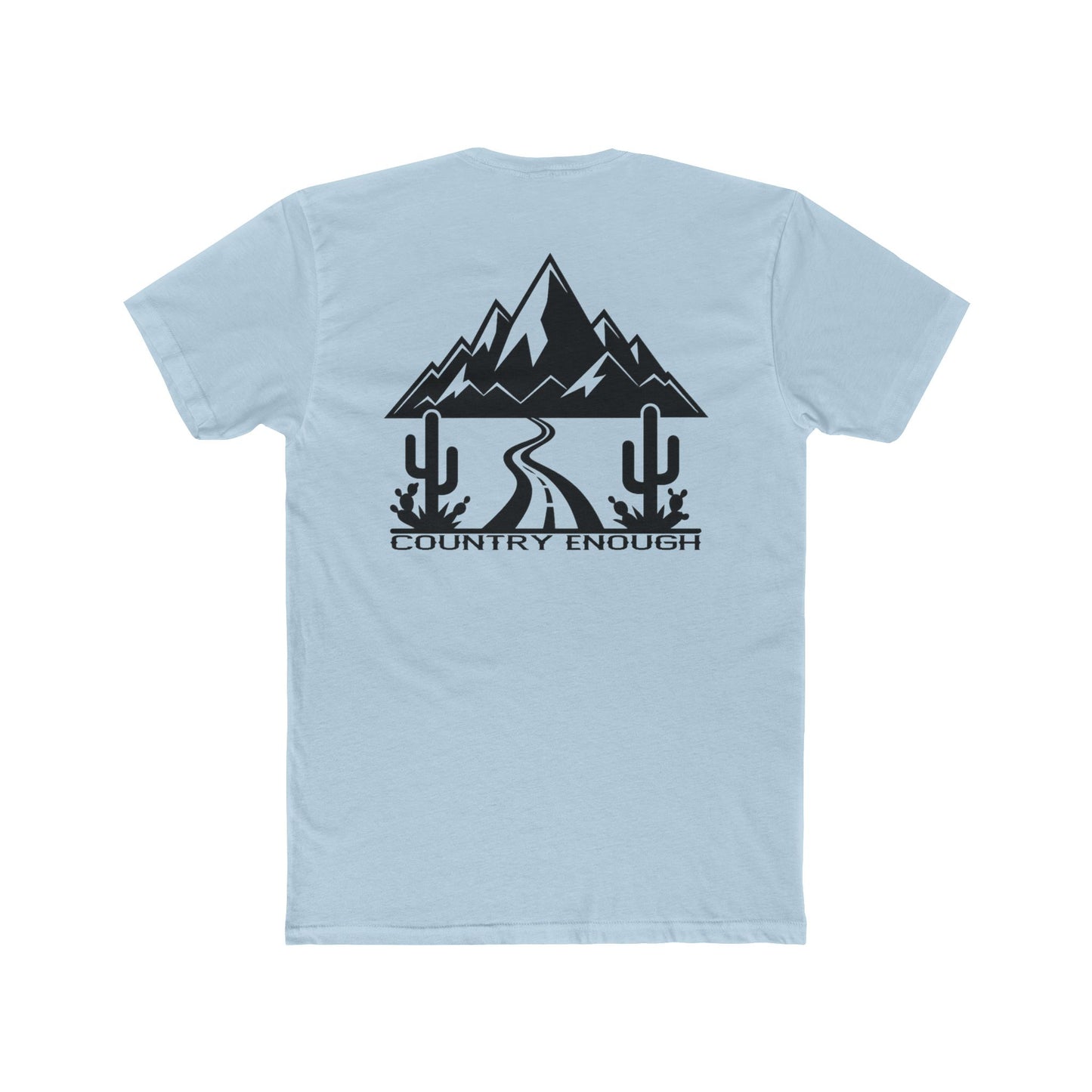Light Blue t-shirt with mountain peaks, an open road, and desert cacti graphic #lightblue