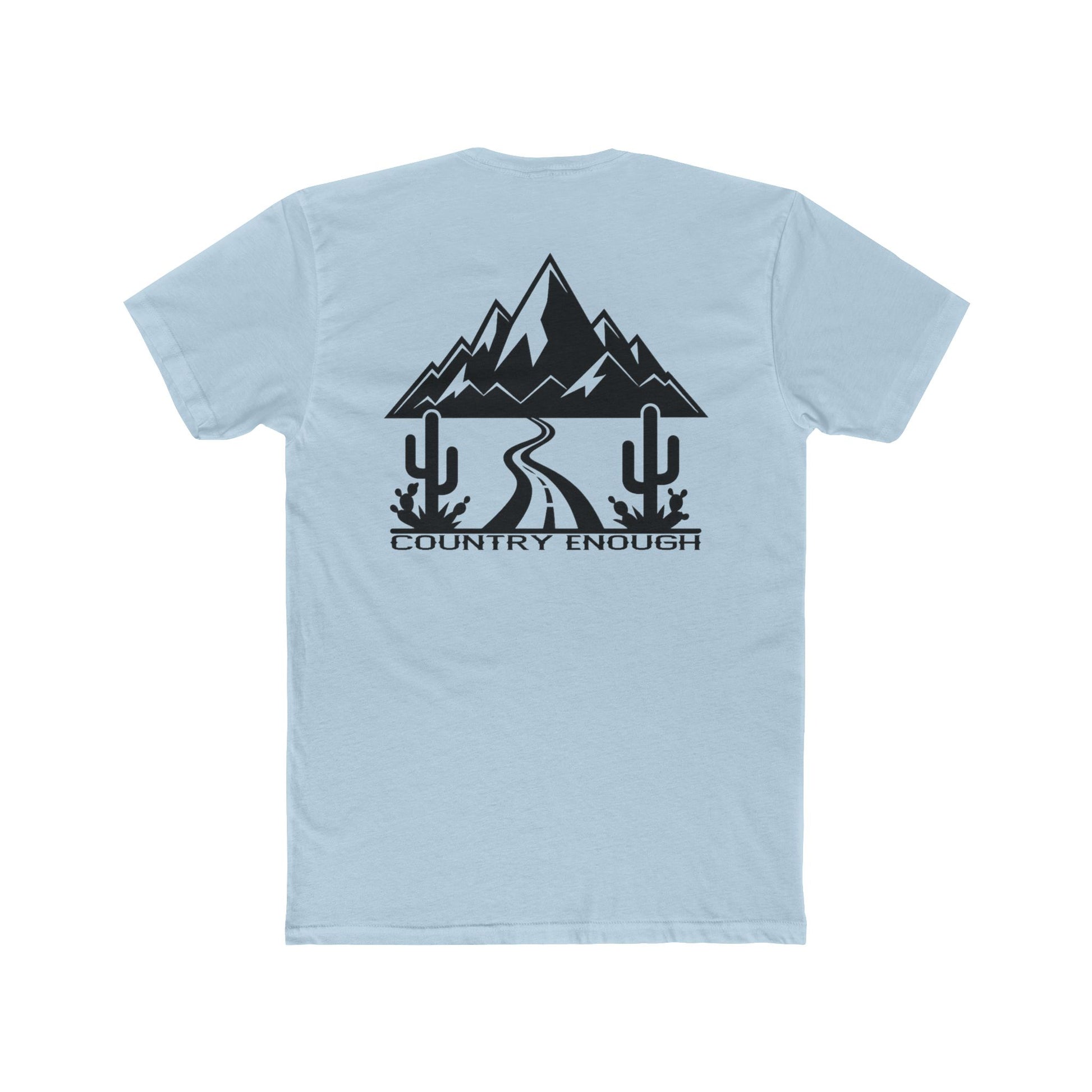Light Blue t-shirt with mountain peaks, an open road, and desert cacti graphic #lightblue