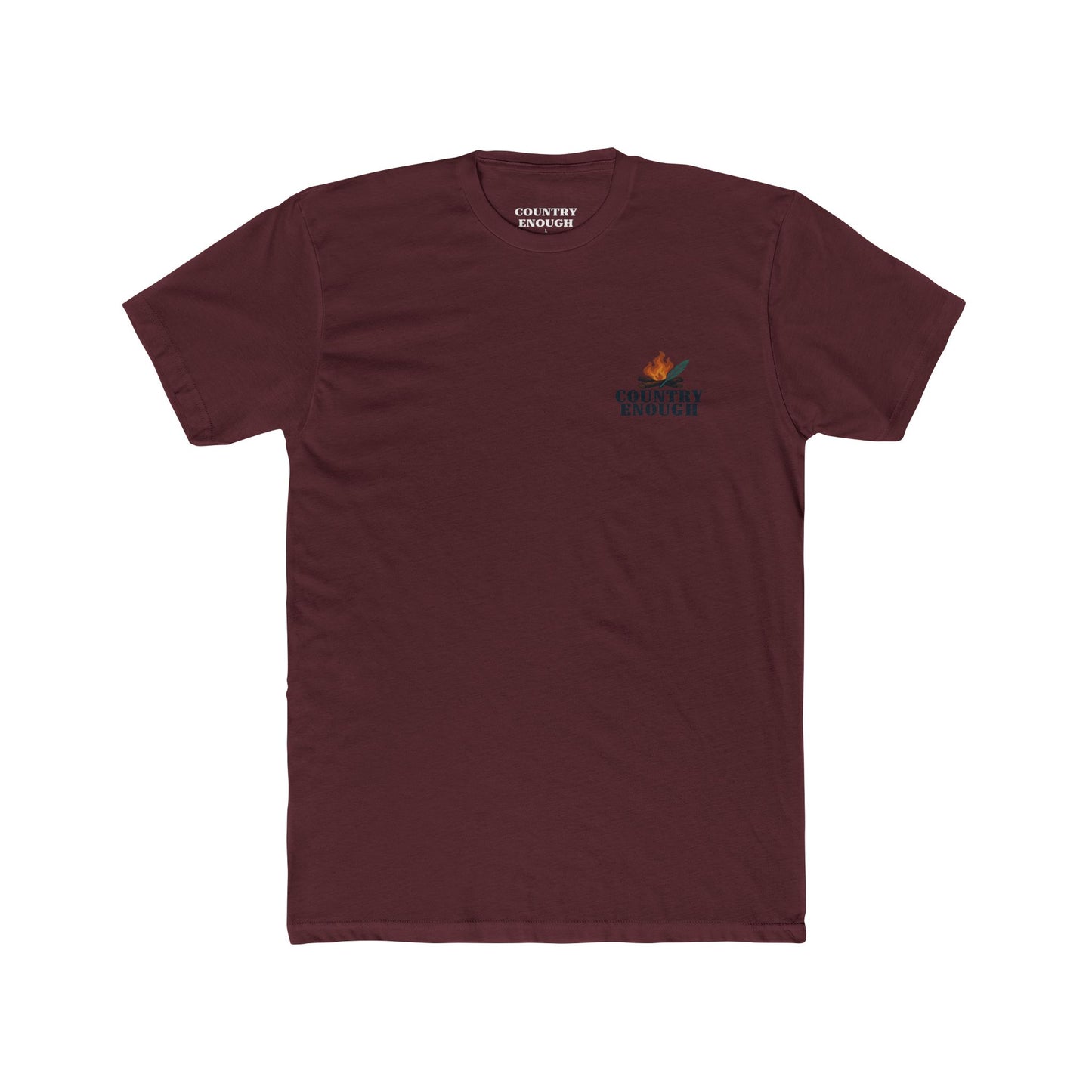 Maroon t-shirt with graphic of clouds, lightning, bird, a campfire, cacti in a desert landscape #maroon