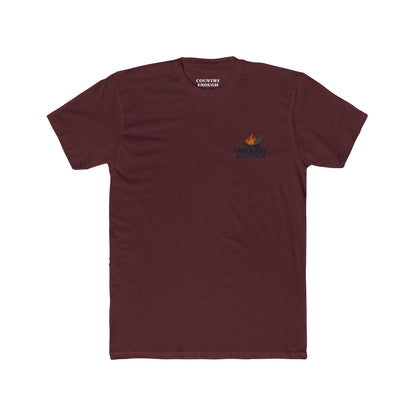 Maroon t-shirt with graphic of clouds, lightning, bird, a campfire, cacti in a desert landscape #maroon