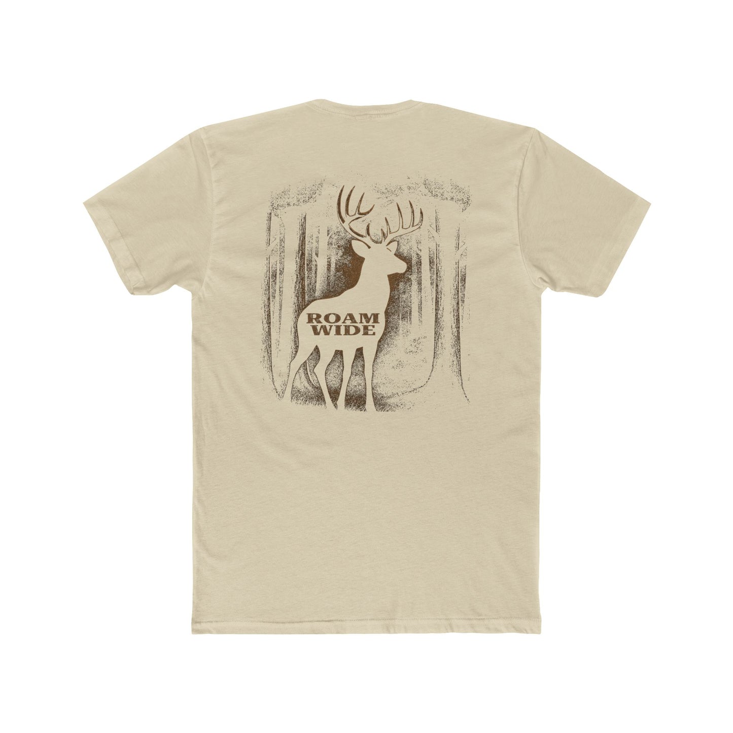 Cream t-shirt with graphic design of a buck in the woods and words roam wide #cream