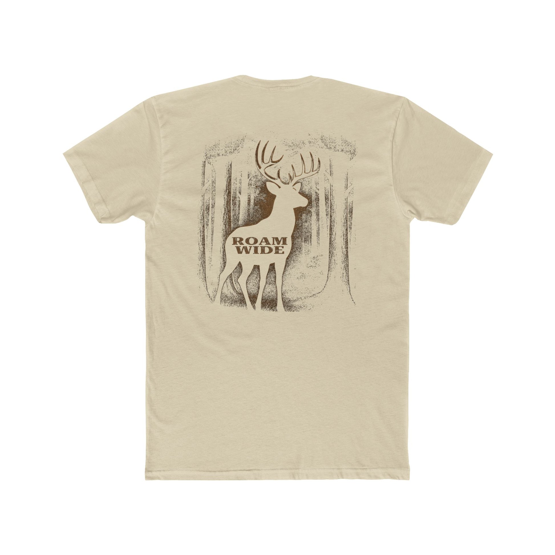Cream t-shirt with graphic design of a buck in the woods and words roam wide #cream