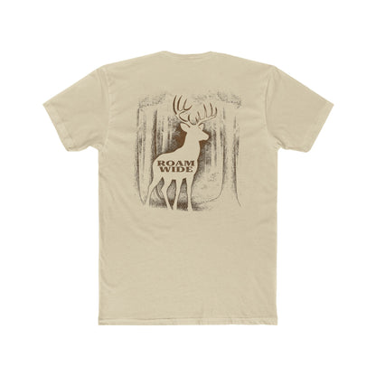 Cream t-shirt with graphic design of a buck in the woods and words roam wide #cream