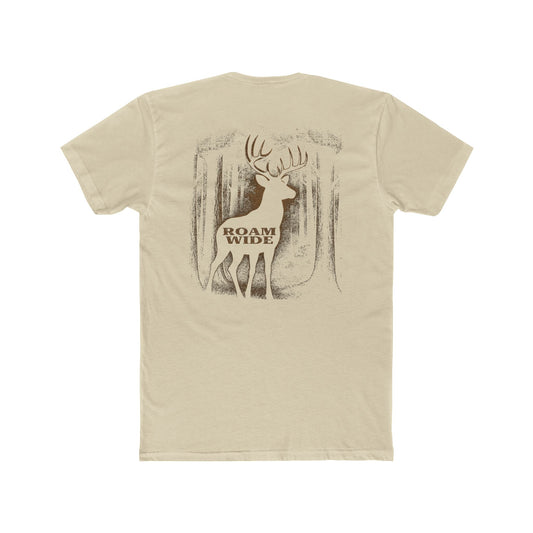 Cream t-shirt with graphic design of a buck in the woods and words roam wide #cream