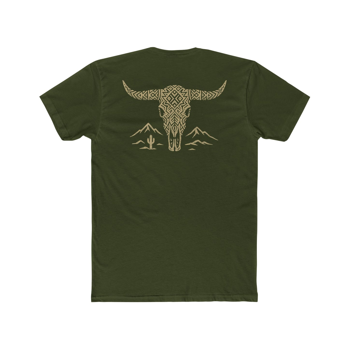 Military Green t-shirt with graphic of a aztec pattern in the shape of a bull skull, mountains, and a lone cactus #militarygreen