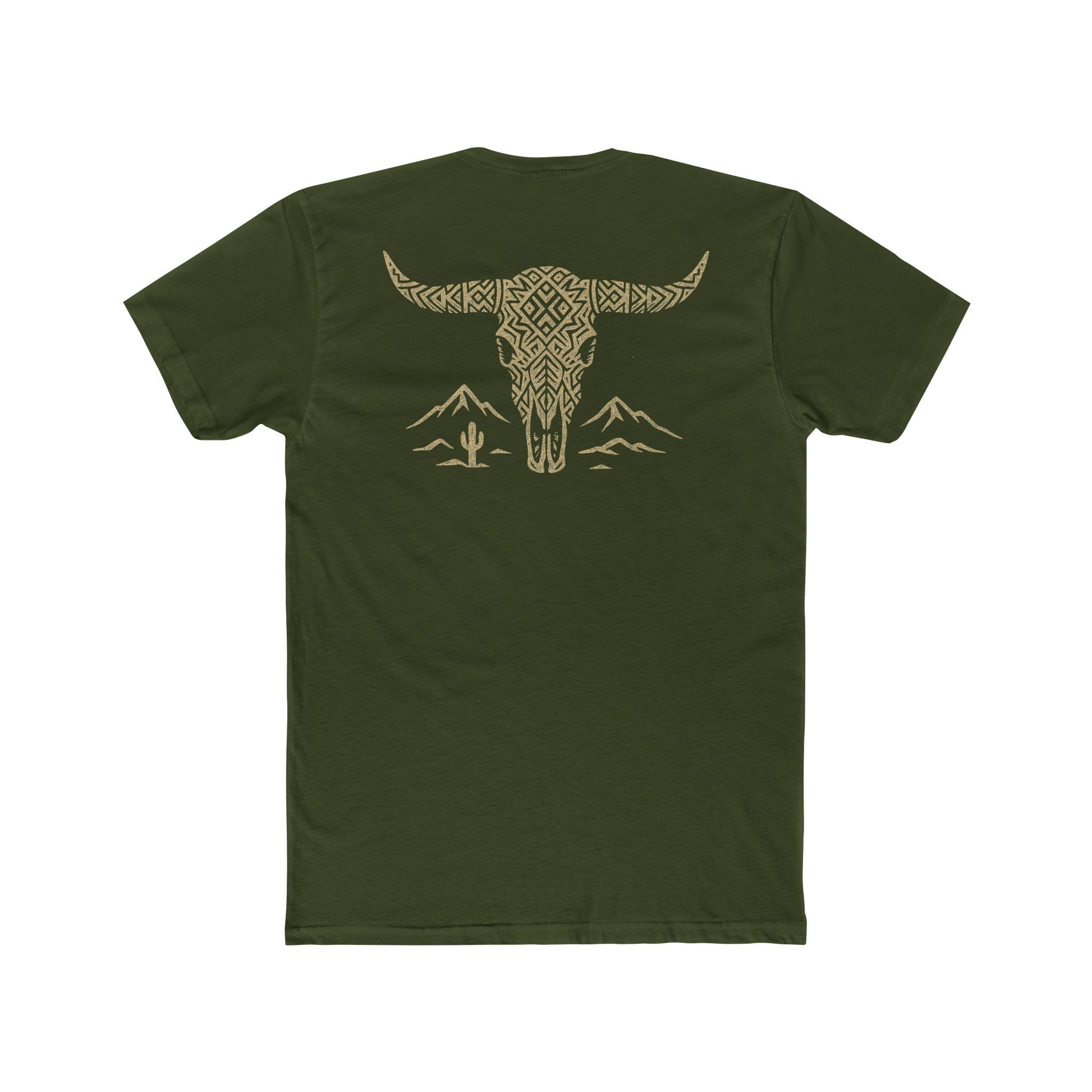 Military Green t-shirt with graphic of a aztec pattern in the shape of a bull skull, mountains, and a lone cactus #militarygreen